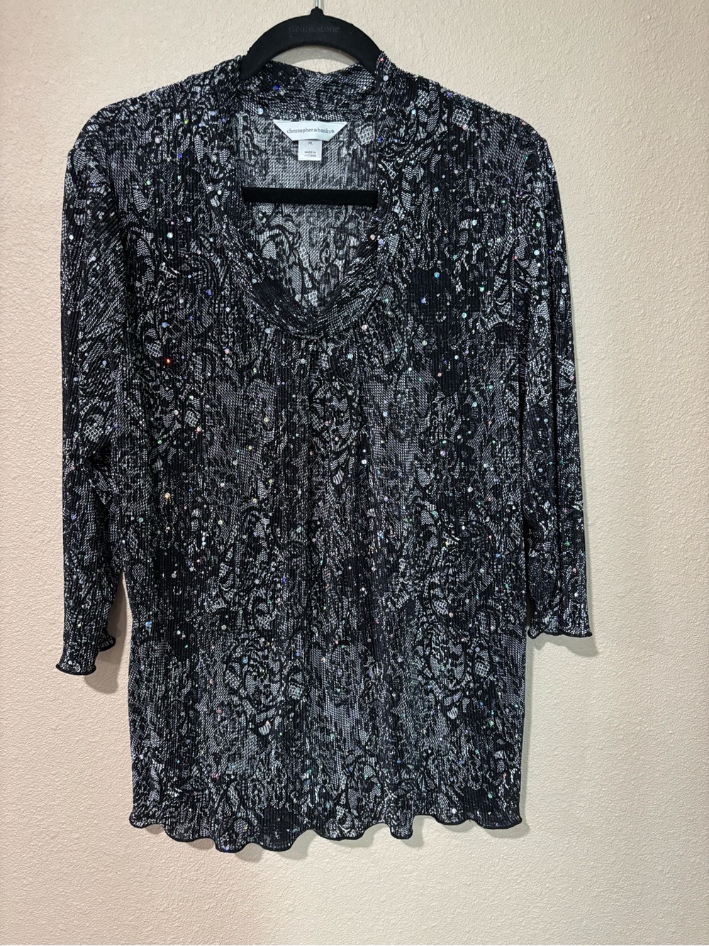 Christopher & Banks Black and Silver Sparkle V-Neck Long Sleeve Top